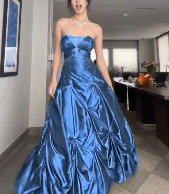 Forest Green Ball Gown Long Prom Dresses With Silver Beads Sweet Strapless Satin Evening Dress