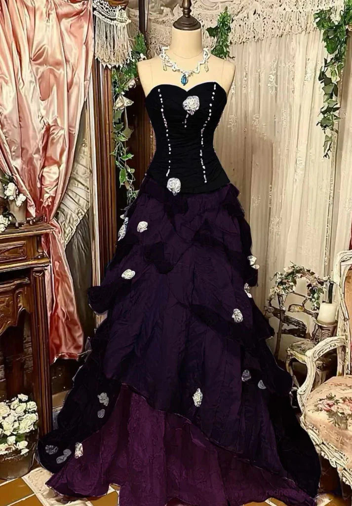 Wine Red Retro Elegant Delicate Floral Sweet Long Floor Length Ball Gown Evening Dress