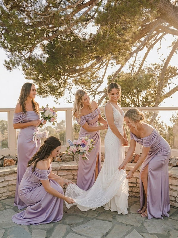 Elegant Off the Shoulder Mermaid Bridesmaid Dress with Slit