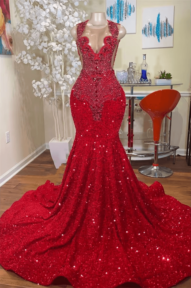 Luxury Red Sequin Mermaid Prom Dresses Crystal Birthday Gala Gown jkprom Luxury Red Sequin Mermaid Prom Dresses Crystal Birthday Gala Gown jkprom