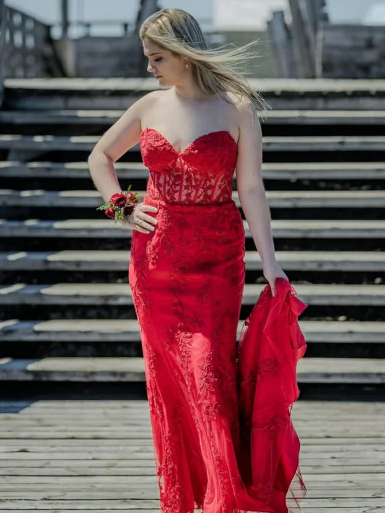 Strapless Red Prom Dresses Lace Sweetheart Long Evening Dress jkprom Strapless Red Prom Dresses Lace Sweetheart Long Evening Dress jkprom