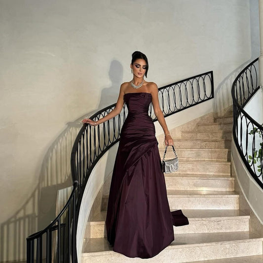 Dark Purple Strapless Gown Ruched Bodice Floor Length