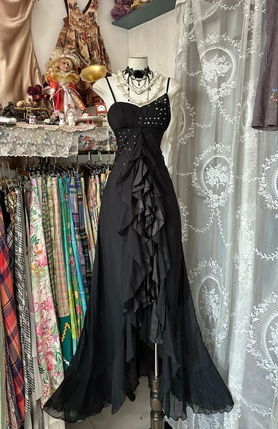 Vintage Black Chiffon Spaghetti Straps Long Prom Dresses jkprom Vintage Black Chiffon Spaghetti Straps Long Prom Dresses jkprom