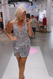 Sparkly Silver Sequins Halter Tight Short Cocktail Dress with Fringes