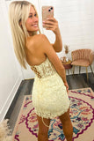 Yellow Tight Short Homecoming Dress with Appliques