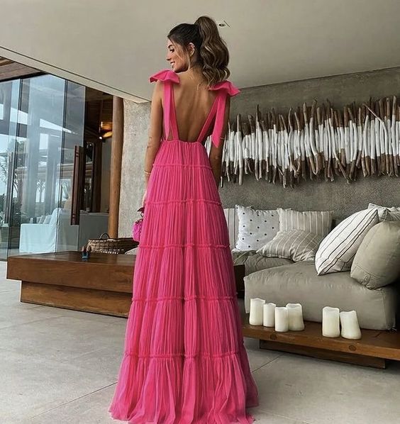 Pink V Neck Prom Dress,Bow on Straps Night Dresses Party jkprom