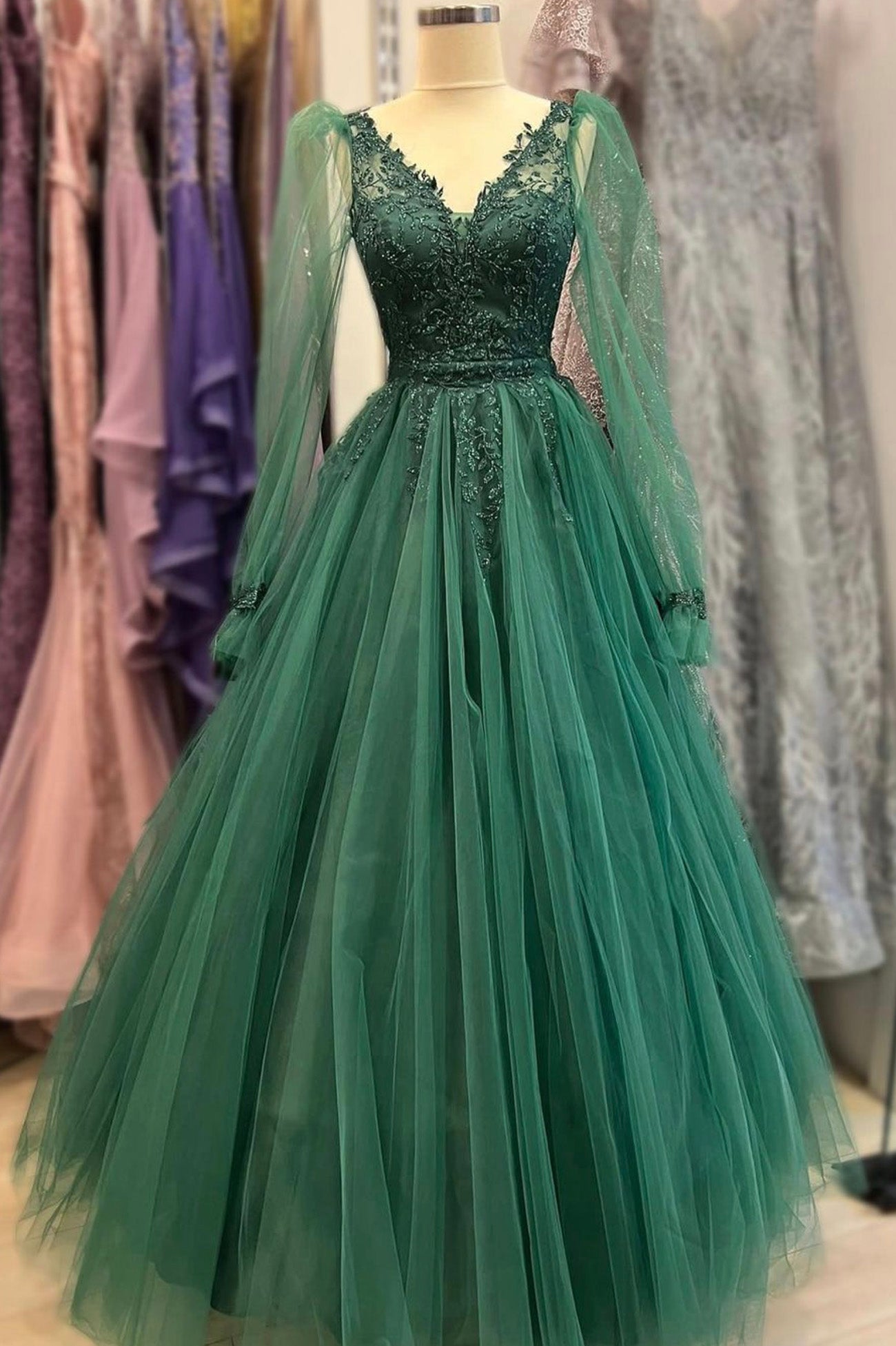 Green V-Neck Tulle Prom Dresses,Long Sleeve Evening Dress jkprom Green V-Neck Tulle Prom Dresses,Long Sleeve Evening Dress jkprom