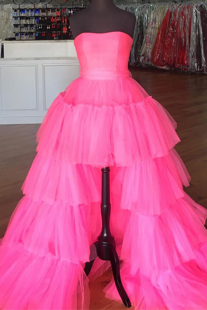 Elegant Strapless Layered Hot Pink Long Prom Dress with Slit jkprom Elegant Strapless Layered Hot Pink Long Prom Dress with Slit jkprom