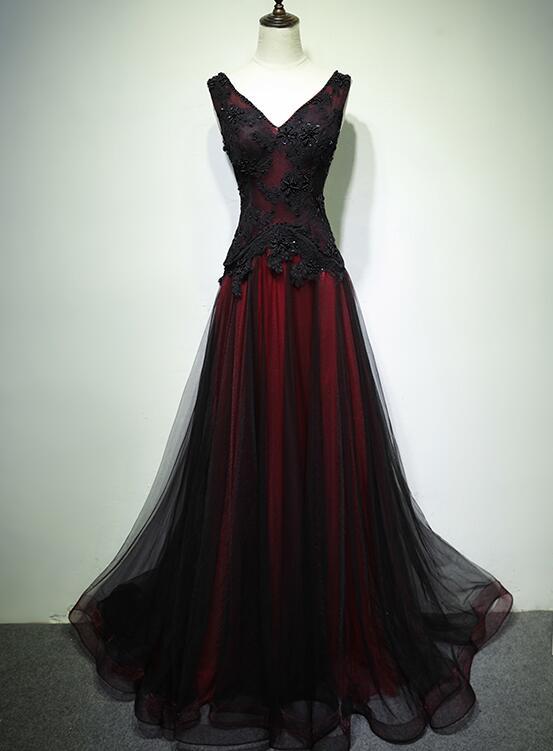Black and Red Tulle Beaded Lace Long Party Dress Evening jkprom Black and Red Tulle Beaded Lace Long Party Dress Evening jkprom