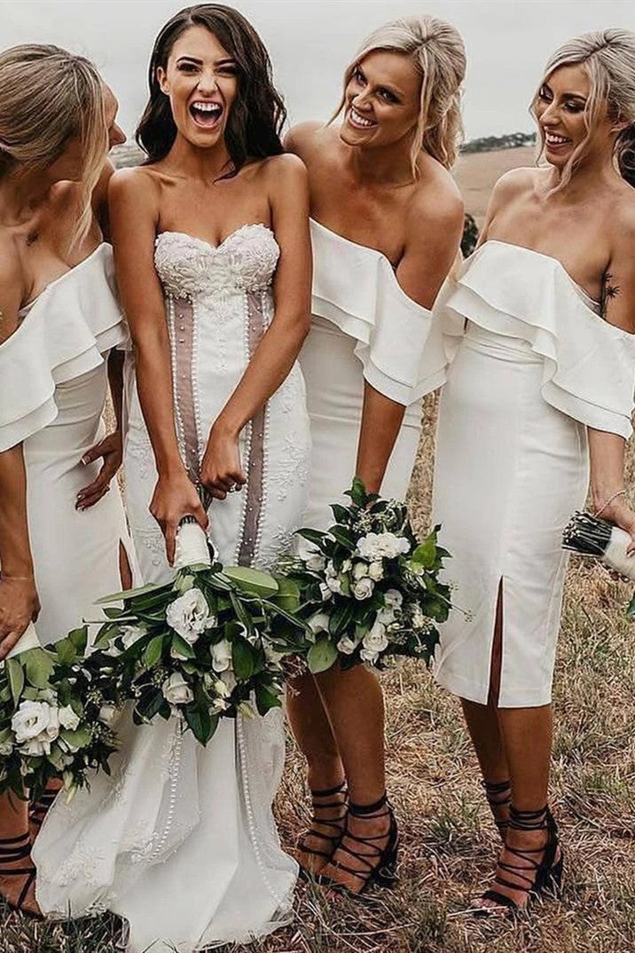 Off Shoulder Sheath Knee-Length White Bridesmaid Dress jkprom Off Shoulder Sheath Knee-Length White Bridesmaid Dress jkprom