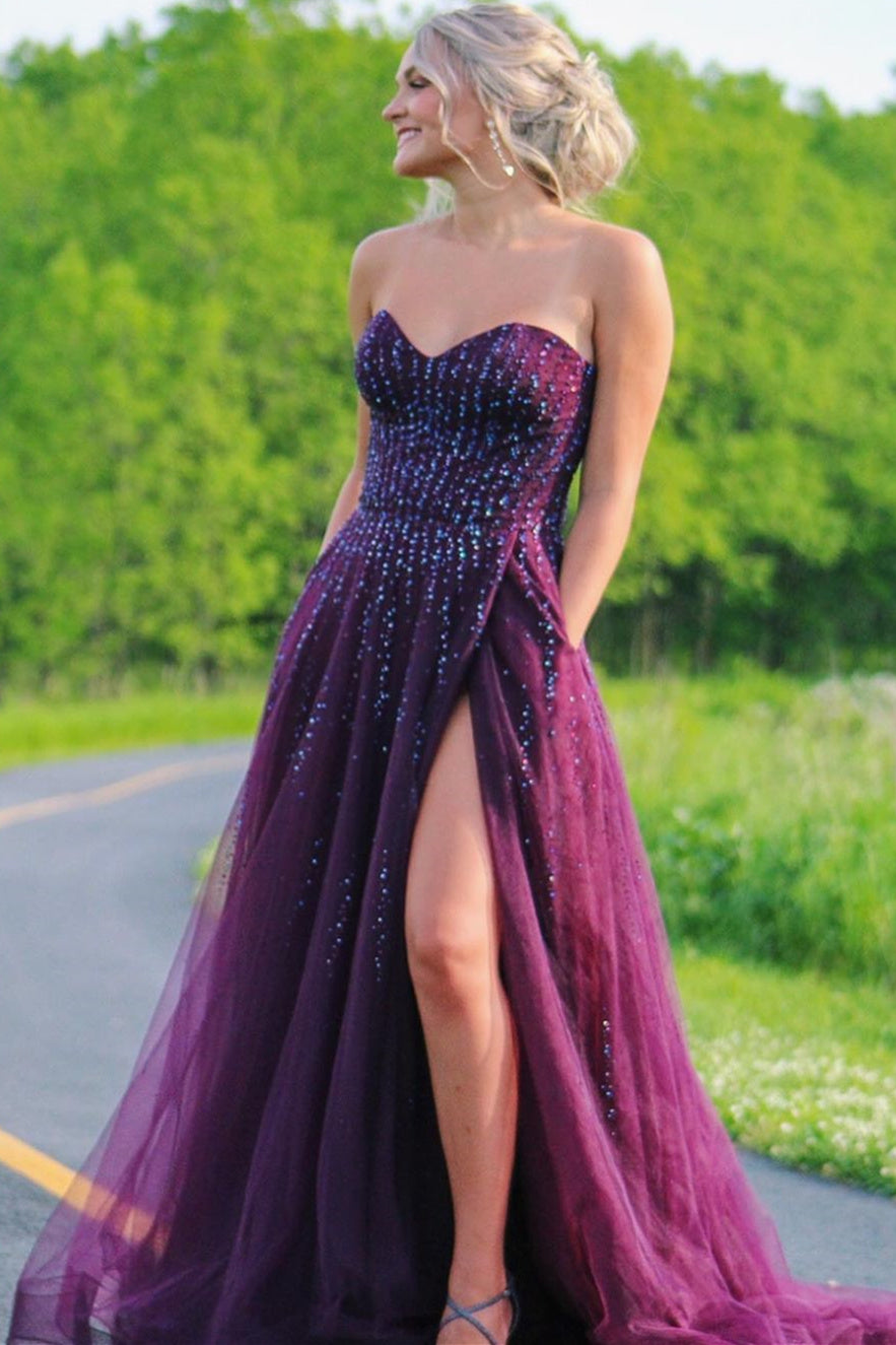 Sweetheart A-line Plum Beaded Tulle Long Prom Dress with Slit jkprom Sweetheart A-line Plum Beaded Tulle Long Prom Dress with Slit jkprom