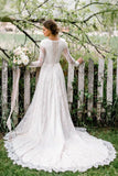 Chic Long Sleeve Lace A Line Wedding Dresses with Train,Gorgeous Bride Dress
