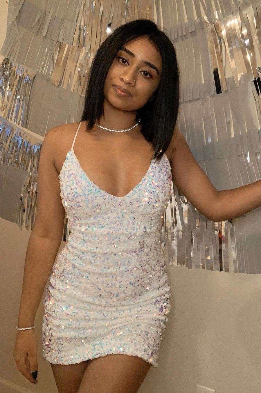 Glitter White Sequined Short Homecoming Dress Hoco Dresses jkprom Glitter White Sequined Short Homecoming Dress Hoco Dresses jkprom