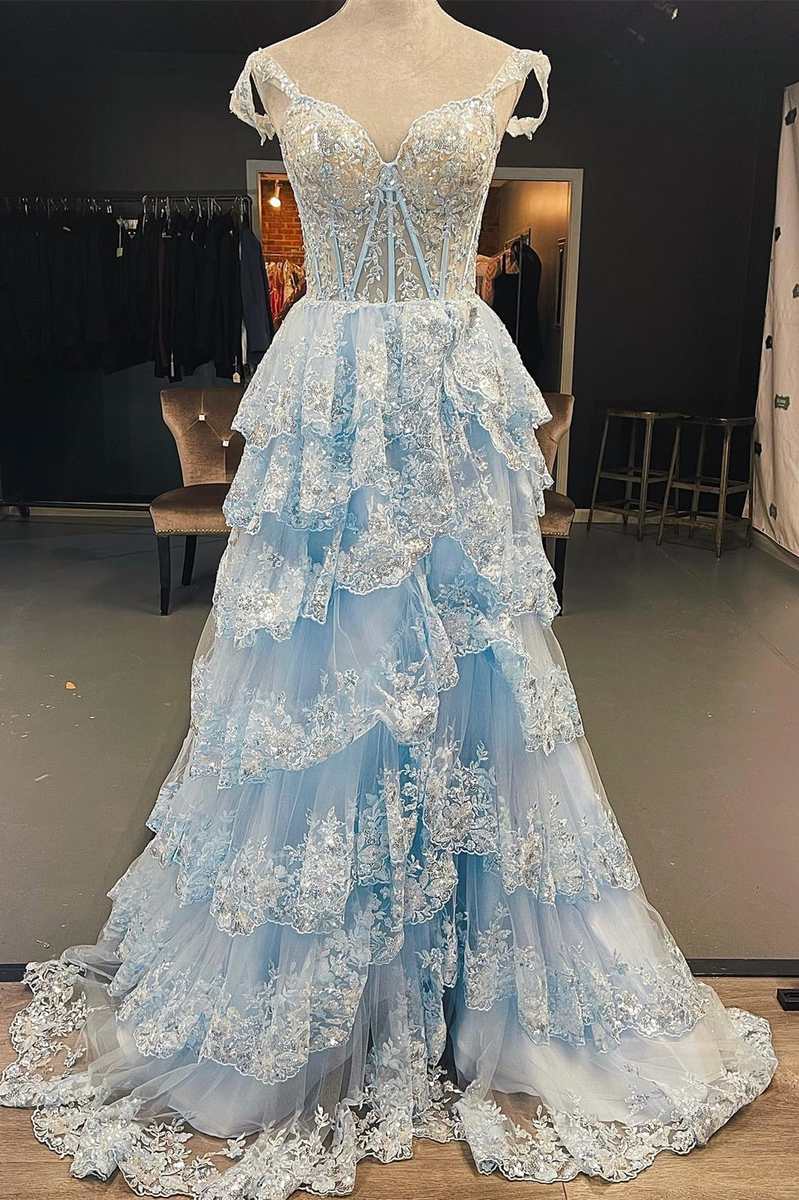 Light Blue Lace Sweetheart Tiered Long Prom Dress with Slit jkprom Light Blue Lace Sweetheart Tiered Long Prom Dress with Slit jkprom