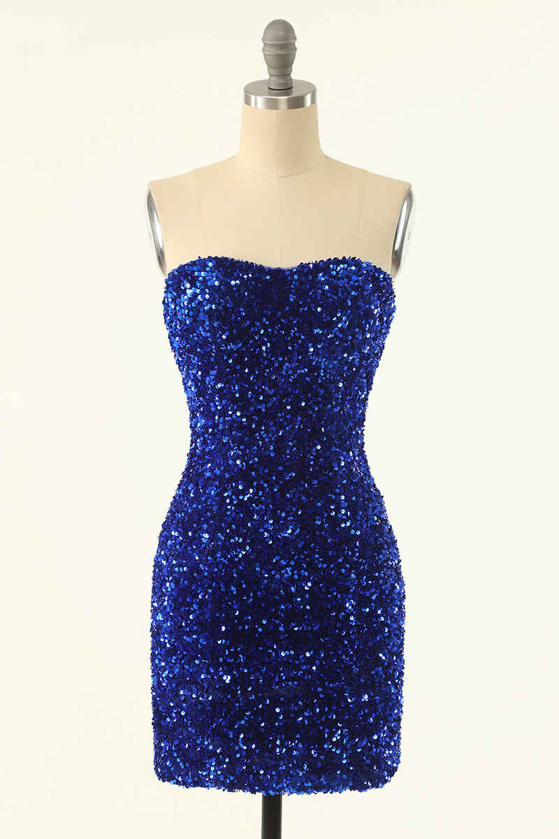 Royal Blue Sequin Strapless Black Mini Homecoming Dress jkprom Royal Blue Sequin Strapless Black Mini Homecoming Dress jkprom