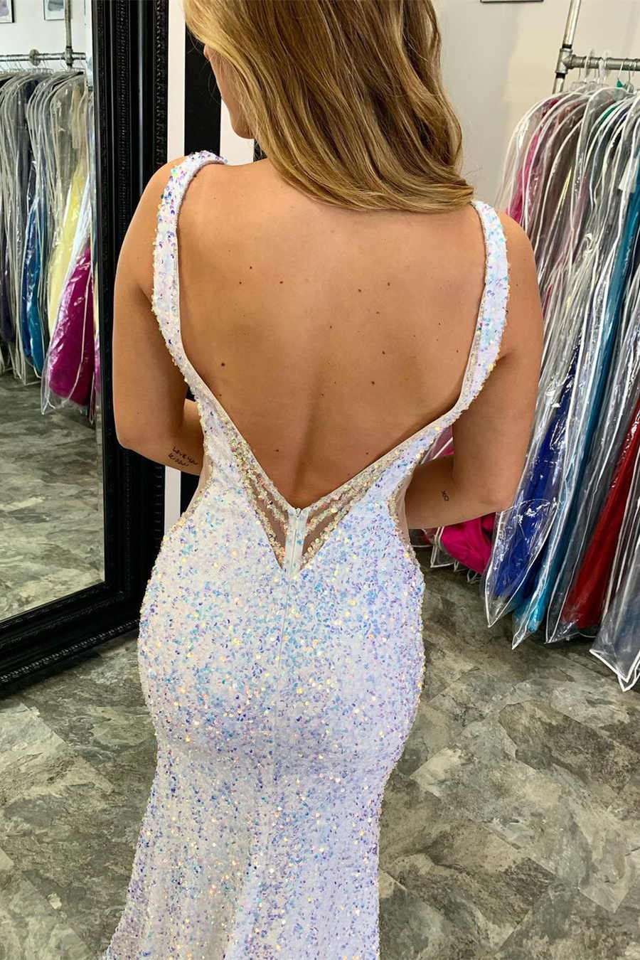 Glitter V-Neck Sequins Mermaid Prom Dress, Backless White Sparkly Evening Gowns Long