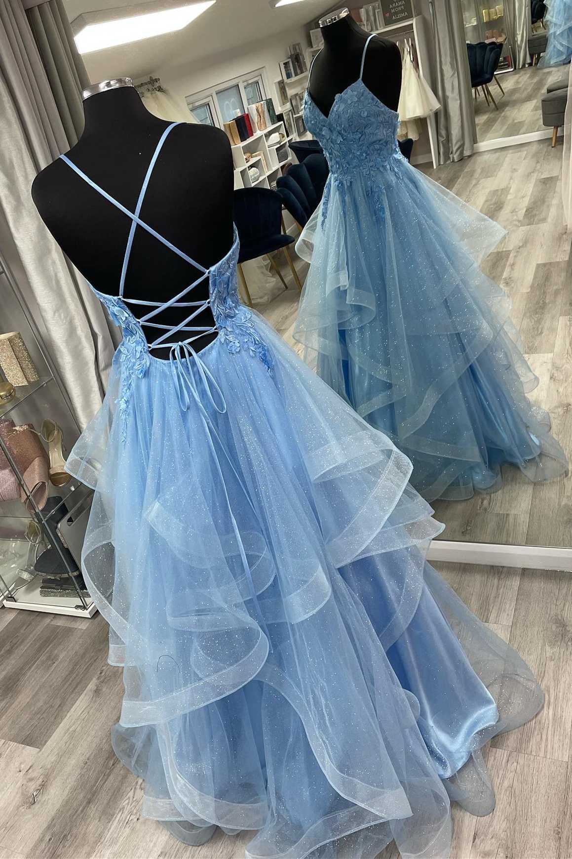 Blue Floral Appliques Lace-Up Tiered A-Line Prom Dress jkprom Blue Floral Appliques Lace-Up Tiered A-Line Prom Dress jkprom