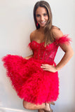 A Line Black Red Short Tiered Tulle Homecoming Dress with Feather