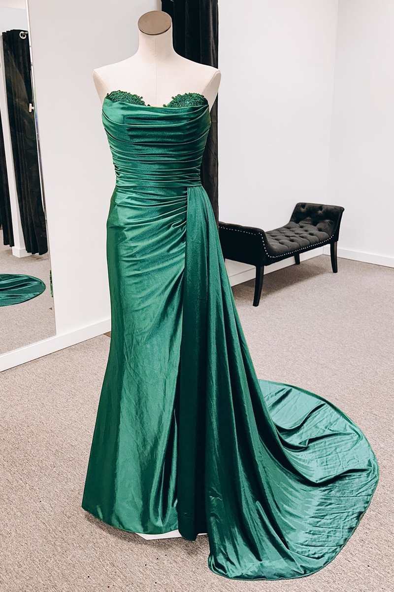 Emerald Green Satin Strapless Long Formal Dresses with Train jkprom Emerald Green Satin Strapless Long Formal Dresses with Train jkprom
