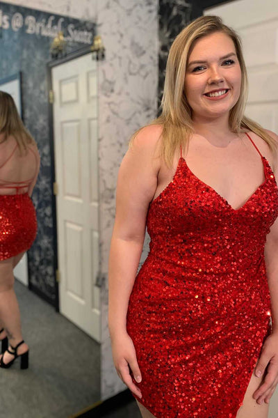 Red Sequin V-Neck Lace-Up Cocktail Dress with Slit Plus Size Hoco Dres