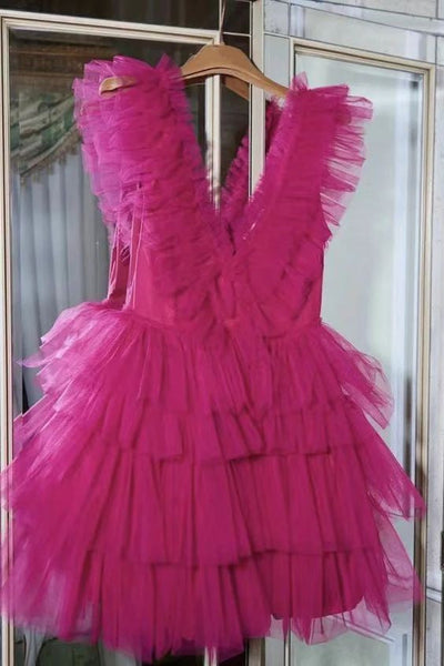 Plunging Neck Ruffle Layered Hem Cake Prom Dress