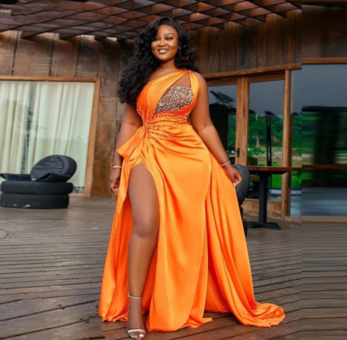 Orange One Shoulder Prom Dresses High Split Formal Gowns