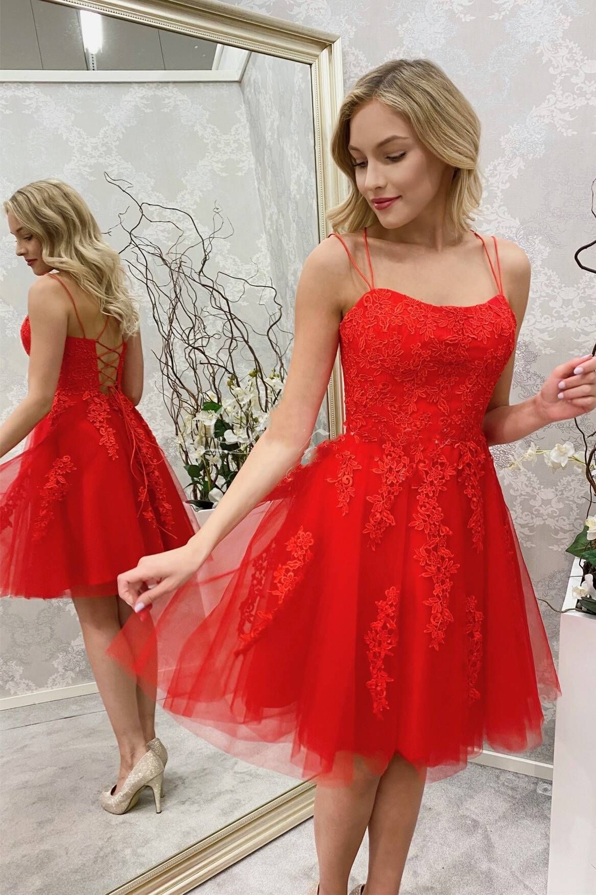 Elegant Spaghetti Straps Red Lace Short Homecoming Dress,Formal Mini D jkprom Elegant Spaghetti Straps Red Lace Short Homecoming Dress,Formal Mini D jkprom