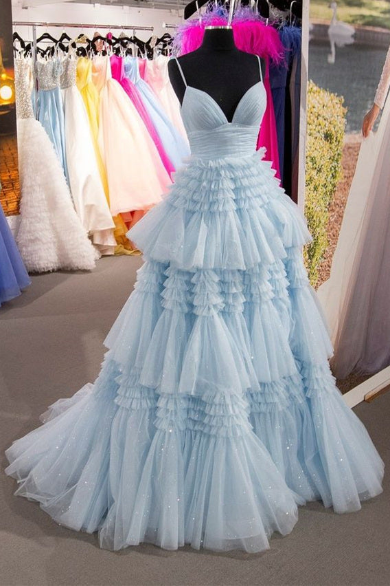 Light Blue Slit Tulle Long Prom Dress,Ruffled Formal Dresses jkprom Light Blue Slit Tulle Long Prom Dress,Ruffled Formal Dresses jkprom
