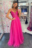 Fuchsia Tulle Beaded V-Neck A-Line Prom Dress