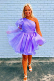 Lavender One Shoulder Ruffled A-line Organza Cocktail Party Dress