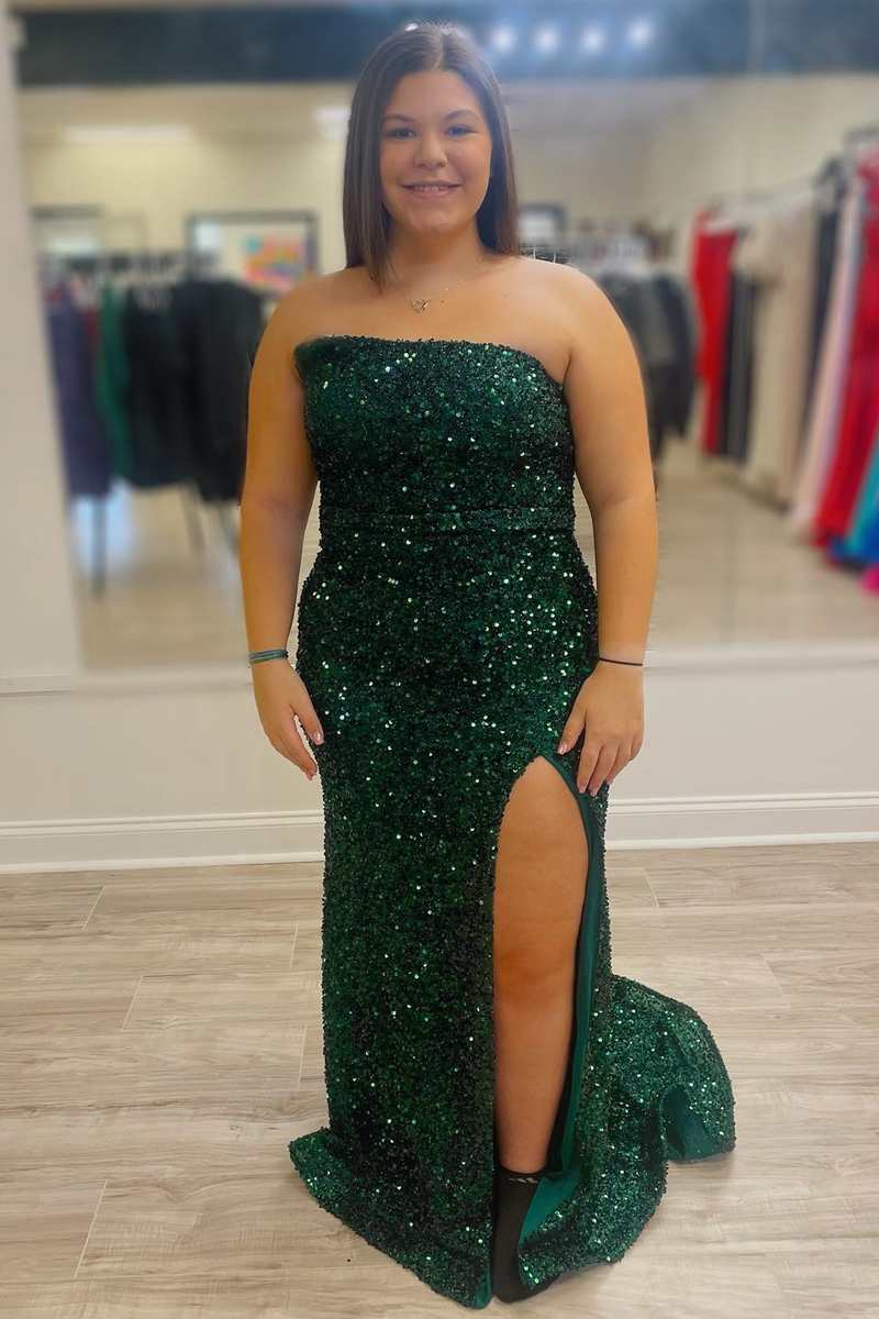 Hunter Green Sequin Strapless Long Formal Dress with Slit jkprom Hunter Green Sequin Strapless Long Formal Dress with Slit jkprom