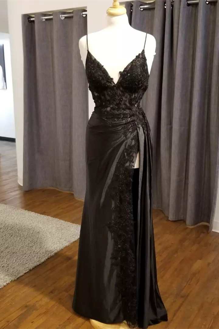 Black Floral Lace V-Neck Long Prom Dress with Slit jkprom Black Floral Lace V-Neck Long Prom Dress with Slit jkprom