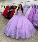 Sparkly Lavender Princess Quinceanera Dress Ball Gown Short Sleeve Lace Appliques Corset Sweet 15