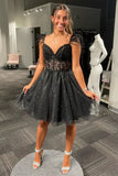 Sparkly A Line Black Tulle Homecoming Dress Short