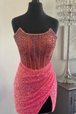 Pink Strapless Sequins Sheath Beaded Homecoming Hoco Dress