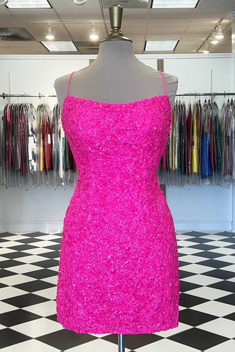 Spaghetti Straps Hot Pink Bodycon Mini Dress Graduation jkprom Spaghetti Straps Hot Pink Bodycon Mini Dress Graduation jkprom