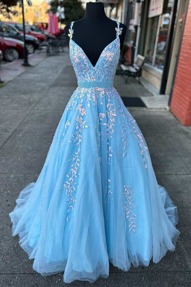 Light Blue Appliques V-Neck Belted A-Line Prom Dress jkprom Light Blue Appliques V-Neck Belted A-Line Prom Dress jkprom