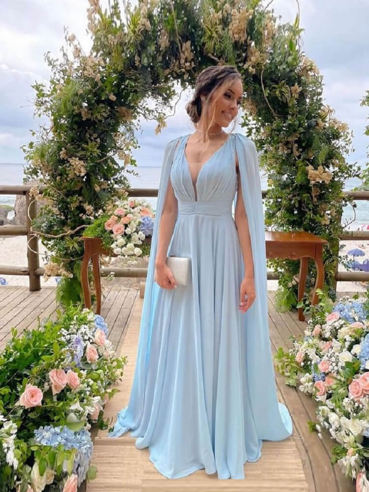 Sky Blue Chiffon A Line Bridesmaid Dresses With Streamer jkprom Sky Blue Chiffon A Line Bridesmaid Dresses With Streamer jkprom