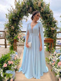 Sky Blue Chiffon A Line Bridesmaid Dresses With Streamer,Long Plunging Neck Backless Party Dress Maid Of Honor