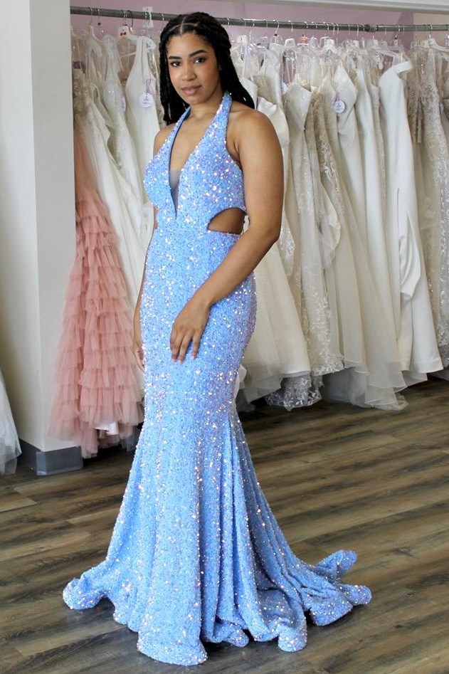 Light Blue Iridescent Sequin Halter Trumpet Long Prom Dress jkprom Light Blue Iridescent Sequin Halter Trumpet Long Prom Dress jkprom