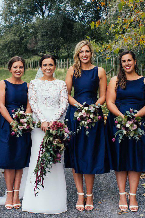 Navy Blue Tea Length Satin A-line Bridesmaid Dress jkprom Navy Blue Tea Length Satin A-line Bridesmaid Dress jkprom