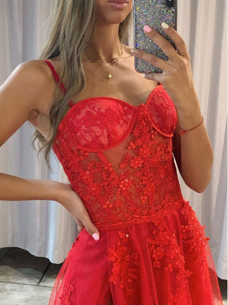 Red Spaghetti Strap Lace Tulle Two Piece Long Prom Dress