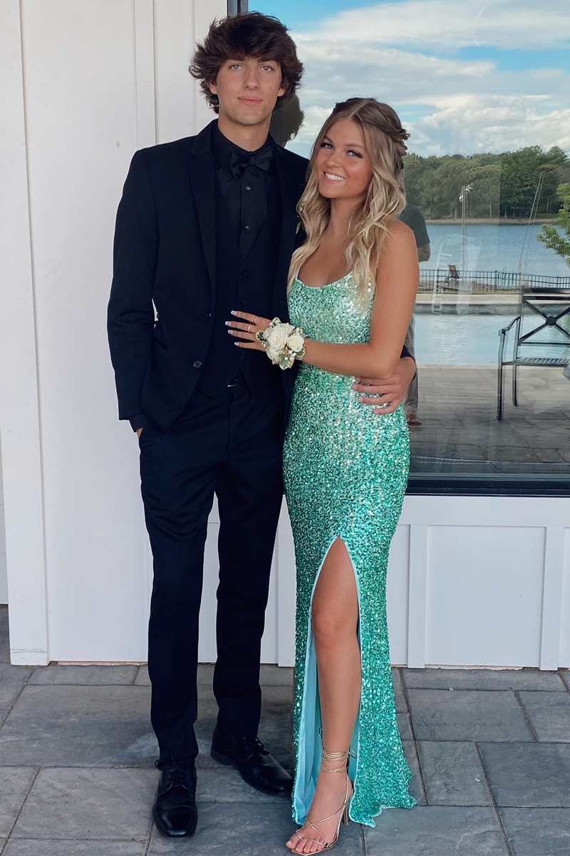 Turquoise Sequin Lace-Up Mermaid Long Formal Dress with Slit jkprom Turquoise Sequin Lace-Up Mermaid Long Formal Dress with Slit jkprom