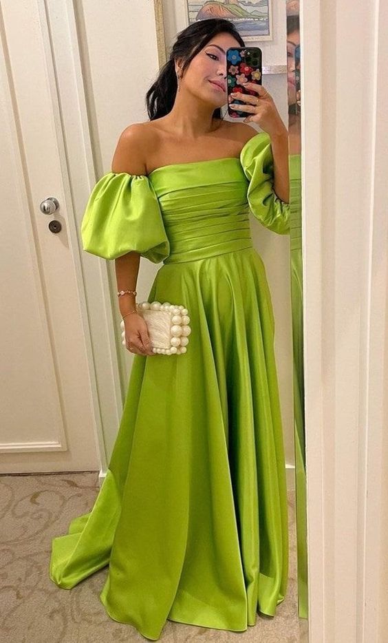 Sexy Off Shoulder Puff Sleeve Prom Gown Green Satin Long jkprom Sexy Off Shoulder Puff Sleeve Prom Gown Green Satin Long jkprom