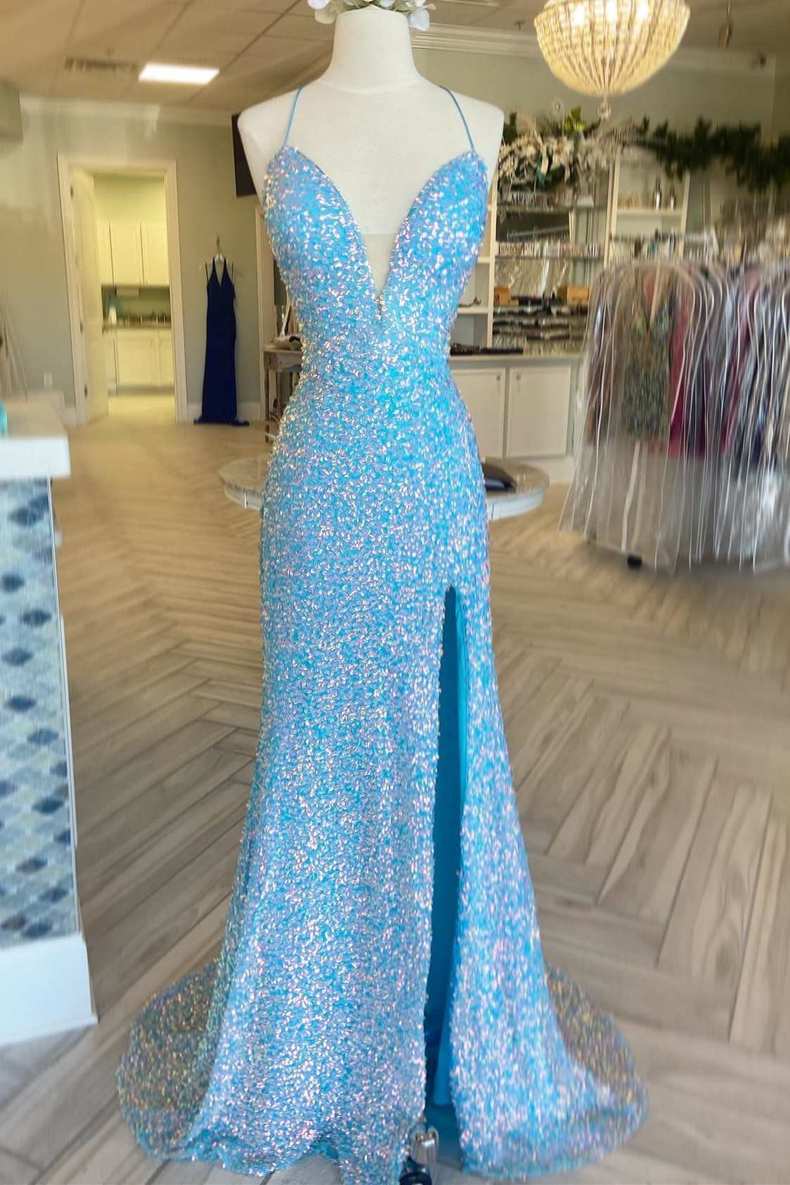 Light Blue Iridescent Sequin Lace-Up Prom Dress with Slit jkprom Light Blue Iridescent Sequin Lace-Up Prom Dress with Slit jkprom