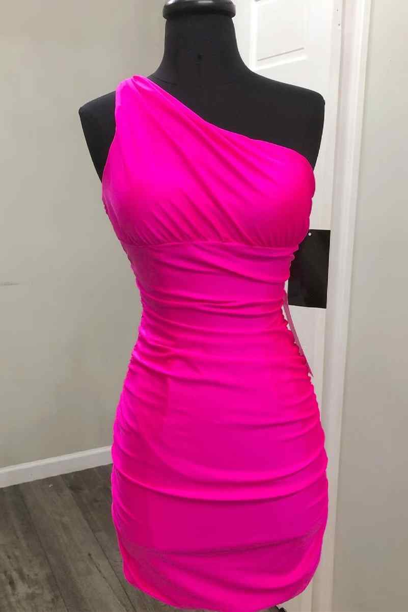 Hot Pink One Shoulder Tight Short Homecoming Dress jkprom Hot Pink One Shoulder Tight Short Homecoming Dress jkprom