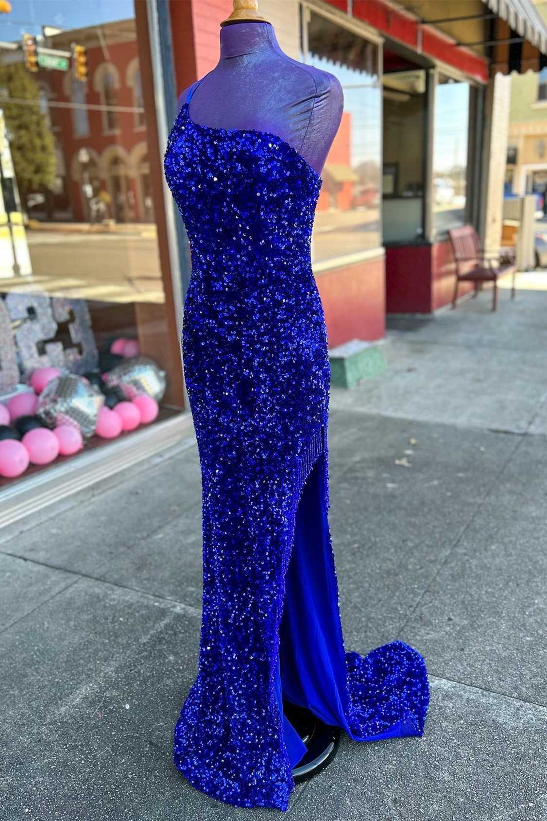 Royal Blue Sequin One-Shoulder Long Prom Dresses with Slit jkprom Royal Blue Sequin One-Shoulder Long Prom Dresses with Slit jkprom