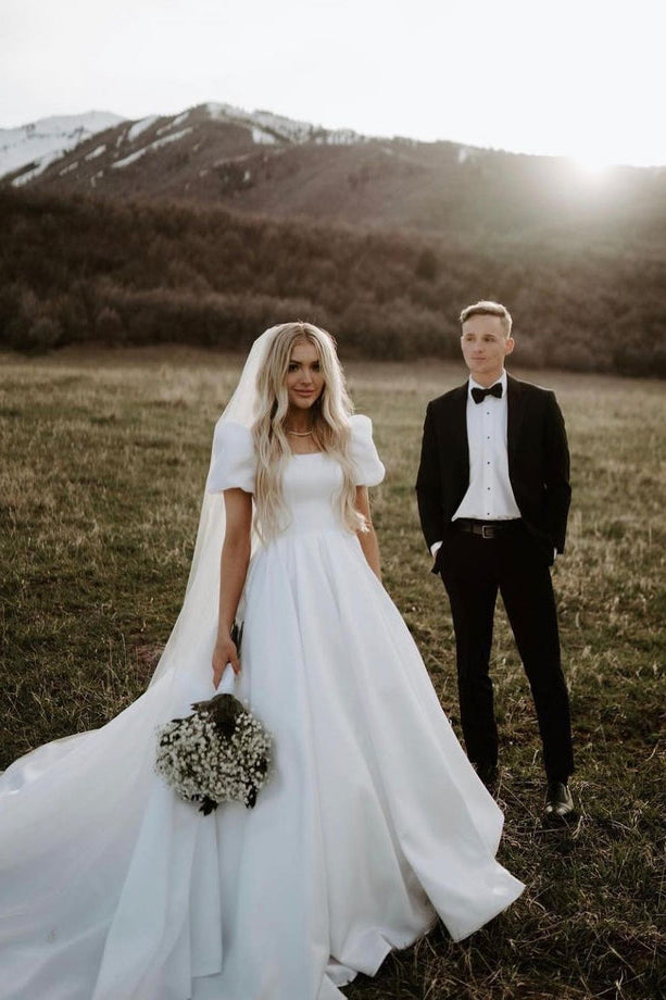 Princess Ball Gown Square Neck Puff Sleeves Satin Wedding Dress jkprom Princess Ball Gown Square Neck Puff Sleeves Satin Wedding Dress jkprom