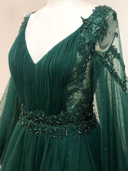 V-neck Lace A-Line Chiffon Asymmetrical Dress Dark Green