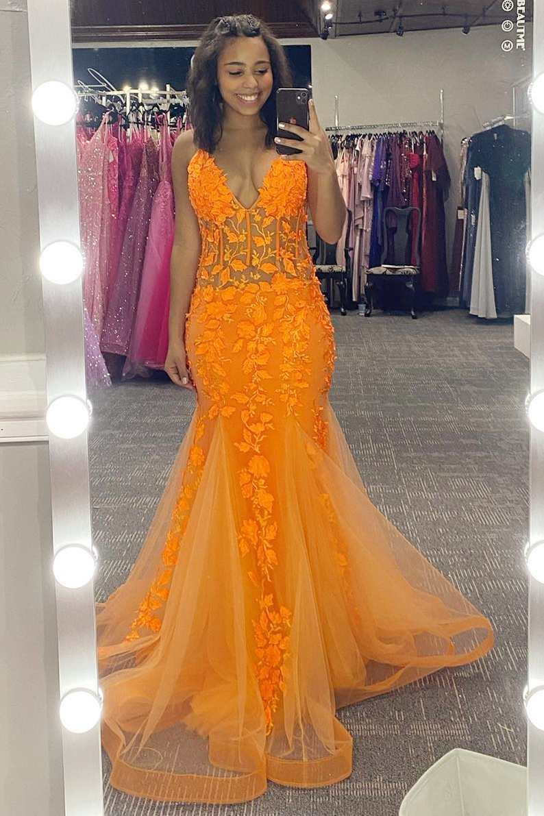 Unique Orange Appliques V-Neck Mermaid Long Prom Dress jkprom Unique Orange Appliques V-Neck Mermaid Long Prom Dress jkprom